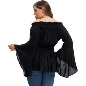 HANNA Nikole Women's Plus Size Blouse Off Shoulder Trumpet Sleeve Peasant Top